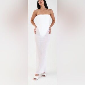 Natalie Rolt Strapless White Maxi sheer Dress Gown Built-In Bodysuit NWT Size 2